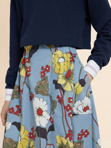 Blue poplin elasticated midi skirt with Melodia print
