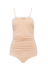 LACE-TRIMMED RUCHED BODYSUIT