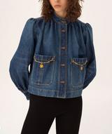 HIGH-NECK GATHERED JACKET IN DENIM