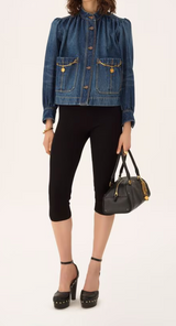 HIGH-NECK GATHERED JACKET IN DENIM