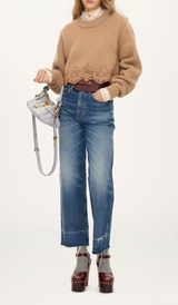 CROPPED MOCK-NECK SWEATER IN A WOOL AND CASHMERE KNIT & LACE