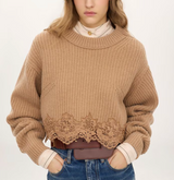 CROPPED MOCK-NECK SWEATER IN A WOOL AND CASHMERE KNIT & LACE