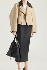 Cropped peacoat with leather collar in cotton and wool