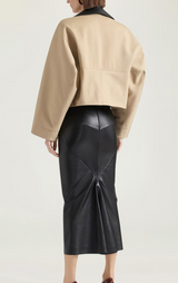 Cropped peacoat with leather collar in cotton and wool