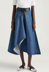 Long asymmetric skirt in medium blue denim