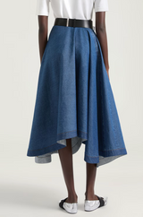 Long asymmetric skirt in medium blue denim