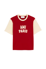RED COTTON T-SHIRT WITH AMI PARIS EMBROIDERY