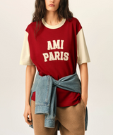 RED COTTON T-SHIRT WITH AMI PARIS EMBROIDERY