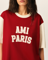 RED COTTON T-SHIRT WITH AMI PARIS EMBROIDERY