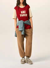 RED COTTON T-SHIRT WITH AMI PARIS EMBROIDERY