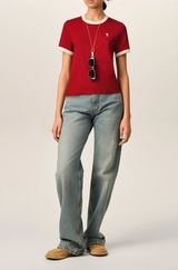 RED CONTRASTED COTTON T-SHIRT WITH AMI DE COEUR