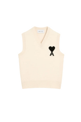 WHITE SLEEVELESS WOOL SWEATER WITH AMI DE COEUR