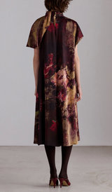 Painterly Rose Silk Midi Dress