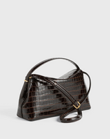 T-lock croco-embossed top handle dark brown