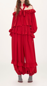 FLUID RUFFLED PANTS IN SILK JACQUARD