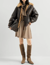 Vintage-effect shearling bomber jacket with shiny zipper pull