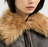 Vintage-effect shearling bomber jacket with shiny zipper pull