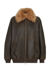 Vintage-effect shearling bomber jacket with shiny zipper pull