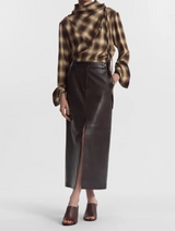 Tailored Front-Slit Midi Skirt in Leather