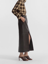 Tailored Front-Slit Midi Skirt in Leather
