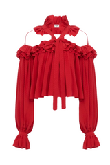 Cut-out ruffle top in silk jacquard