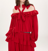 Cut-out ruffle top in silk jacquard