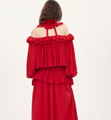 Cut-out ruffle top in silk jacquard