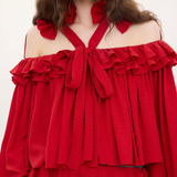 Cut-out ruffle top in silk jacquard