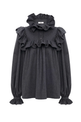 High-neck ruffle top in wool & cashmere flannel