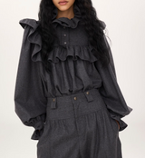 High-neck ruffle top in wool & cashmere flannel