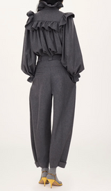High-neck ruffle top in wool & cashmere flannel