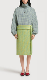 Green silk cloqué midi skirt with panel detail