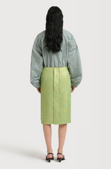 Green silk cloqué midi skirt with panel detail