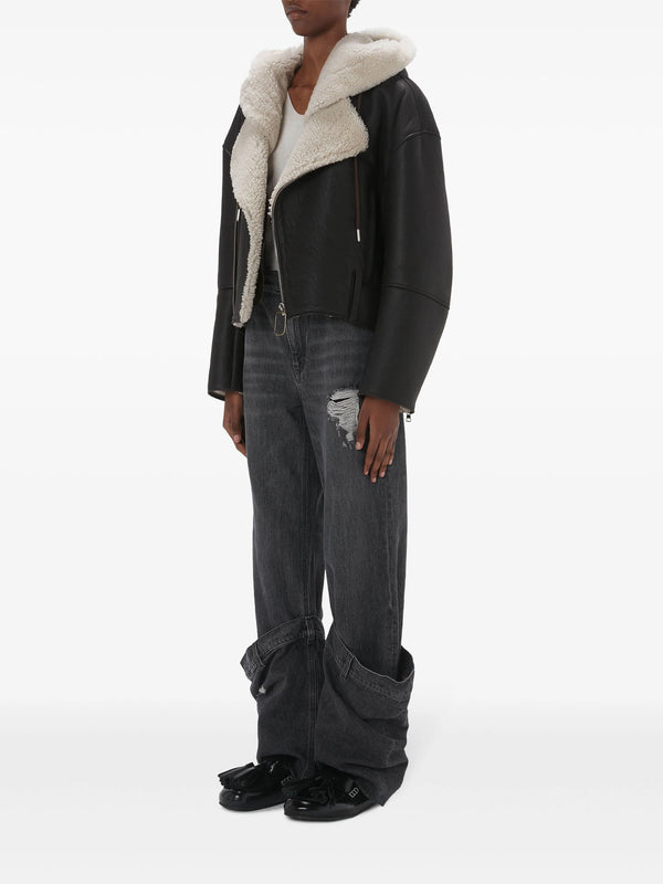 shearling - trim leather biker jacket - LISKAFASHION