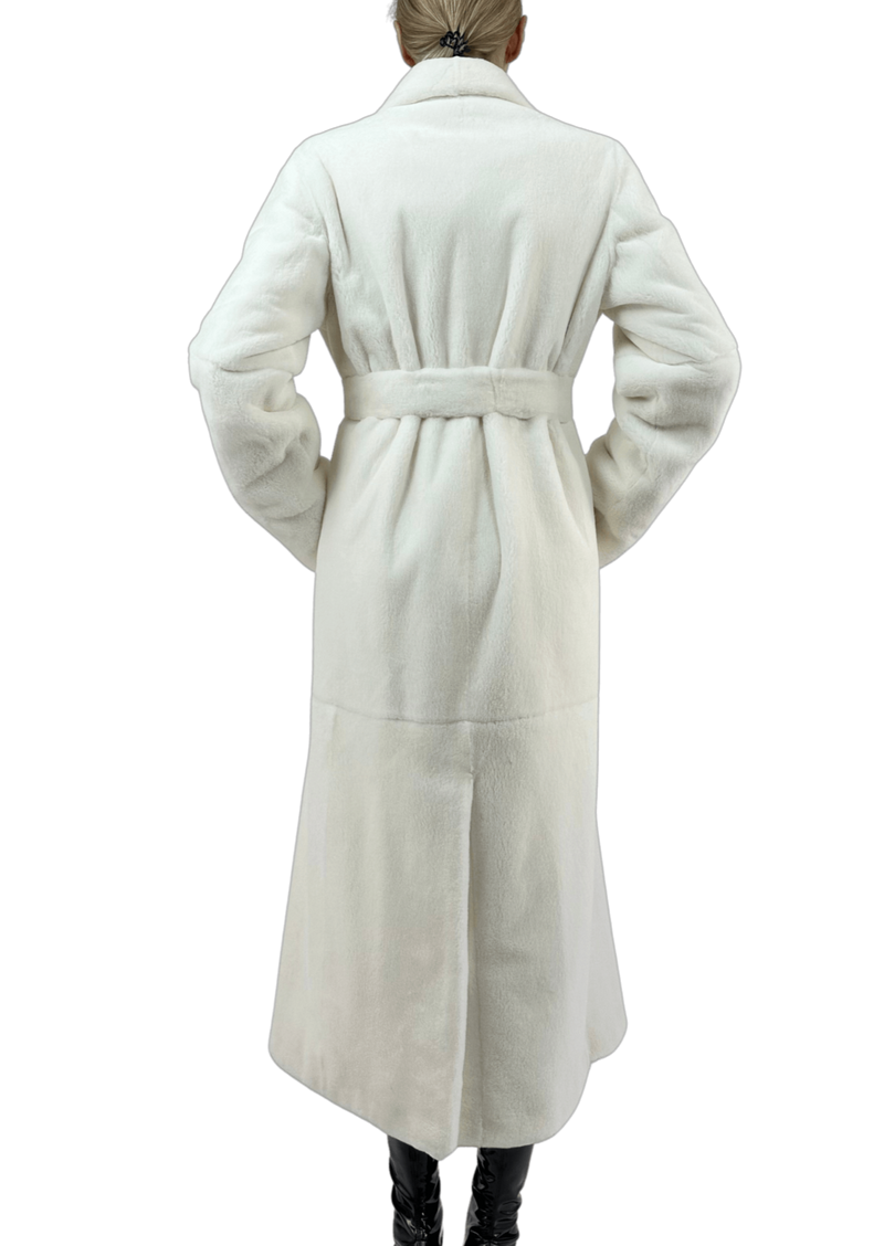 SHEARED MINK COAT WITH BELT IN WHITE - MYLISKAFASHION