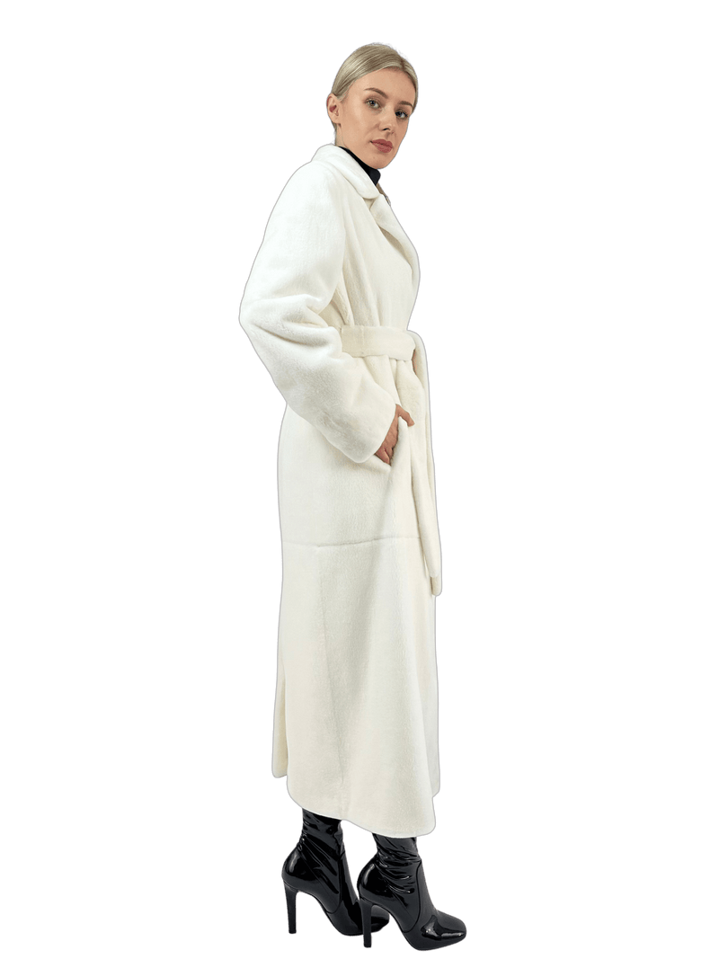 SHEARED MINK COAT WITH BELT IN WHITE - MYLISKAFASHION